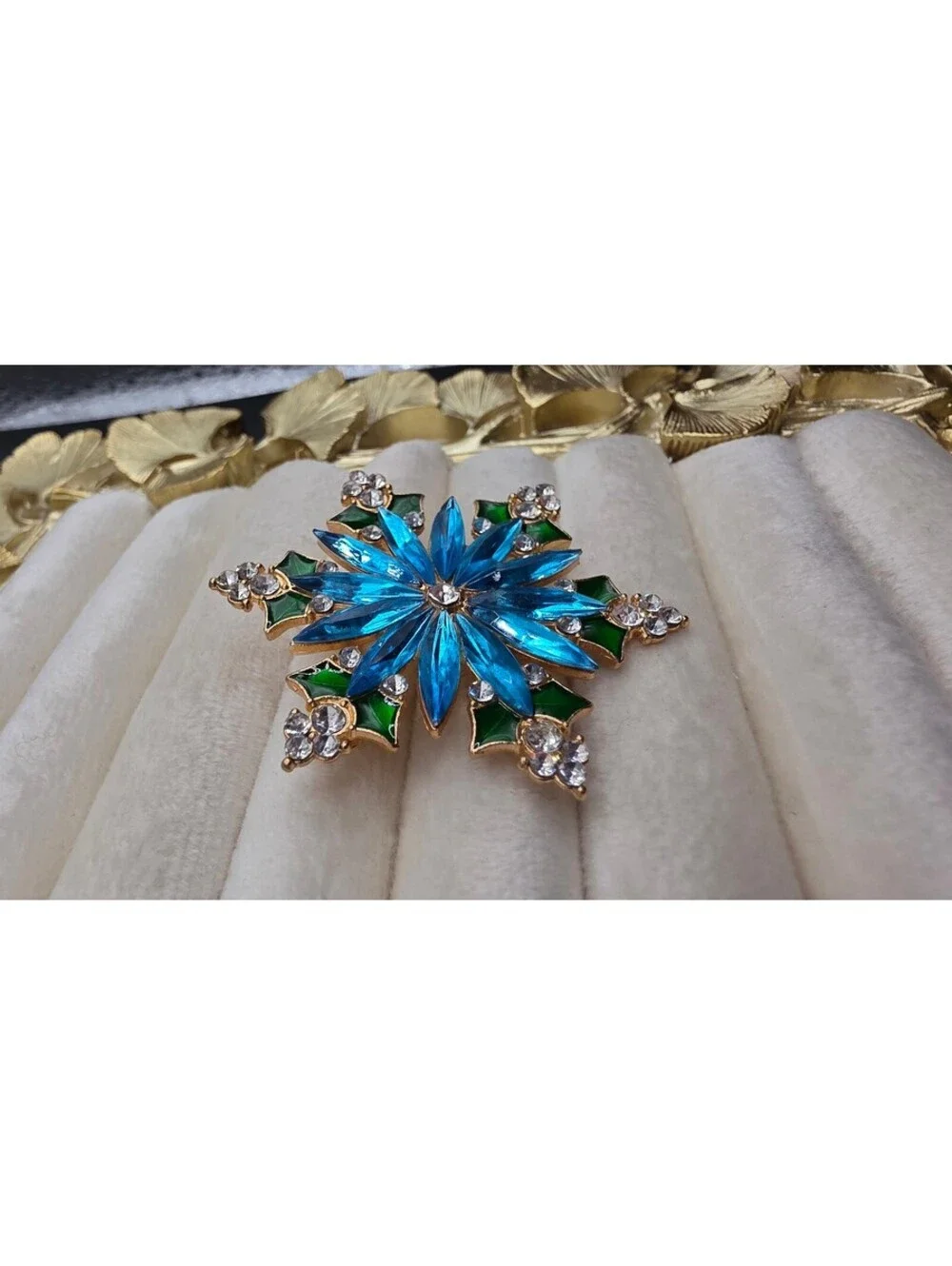 14k Gold Plated Blue Rhinestone Snowflake Brooch